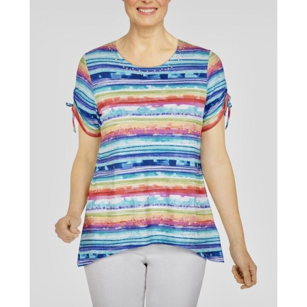 ALFRED DUNNER WOMENS TOP PETITE LARGE CREW NECK, SHORT SLEEVE STRIPED SHARKBITE